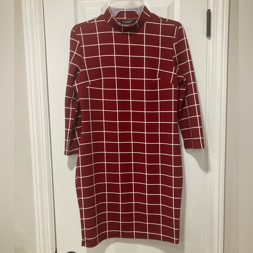 SHEIN Red Geometric Grid Long-Sleeved Mock Turtleneck BodyCon Dress
